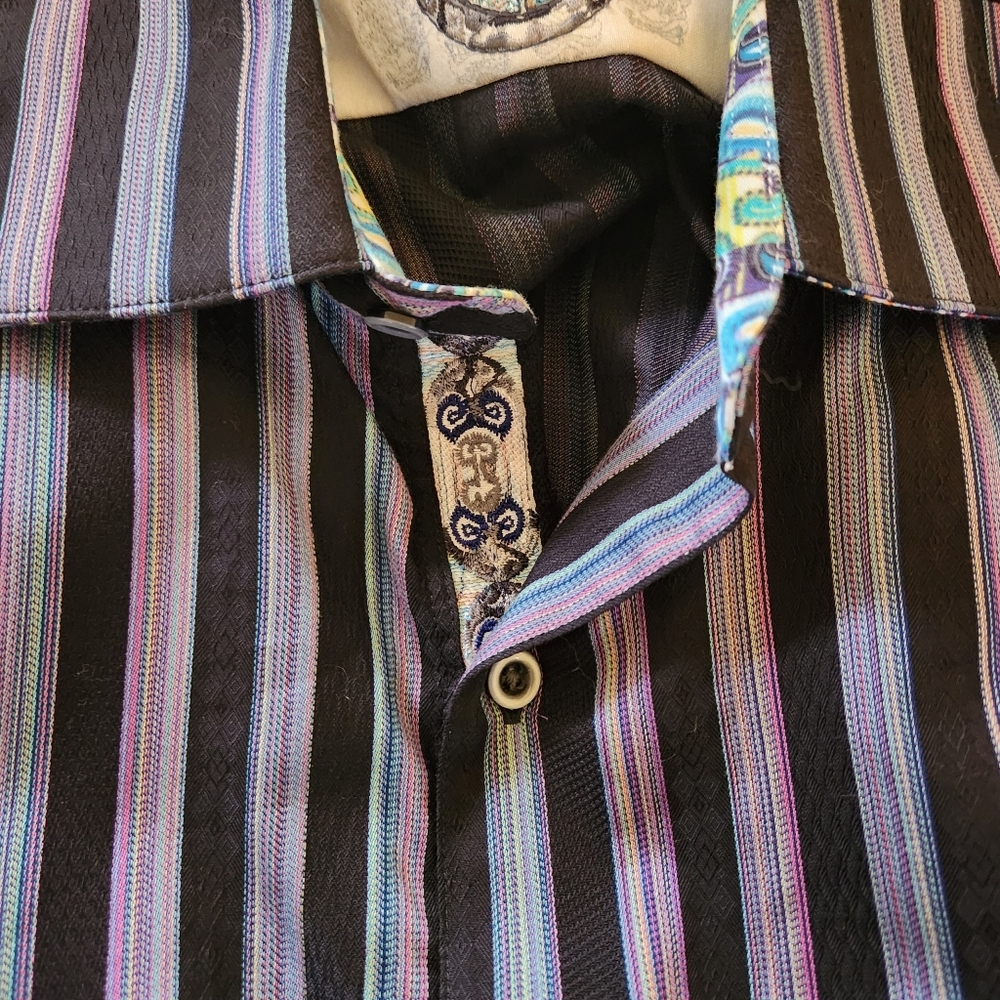 Robert Graham Shirt Mens Size 2XL Long Sleeve Black Purple Stripe Paisley Cuffs - Picture 5 of 11